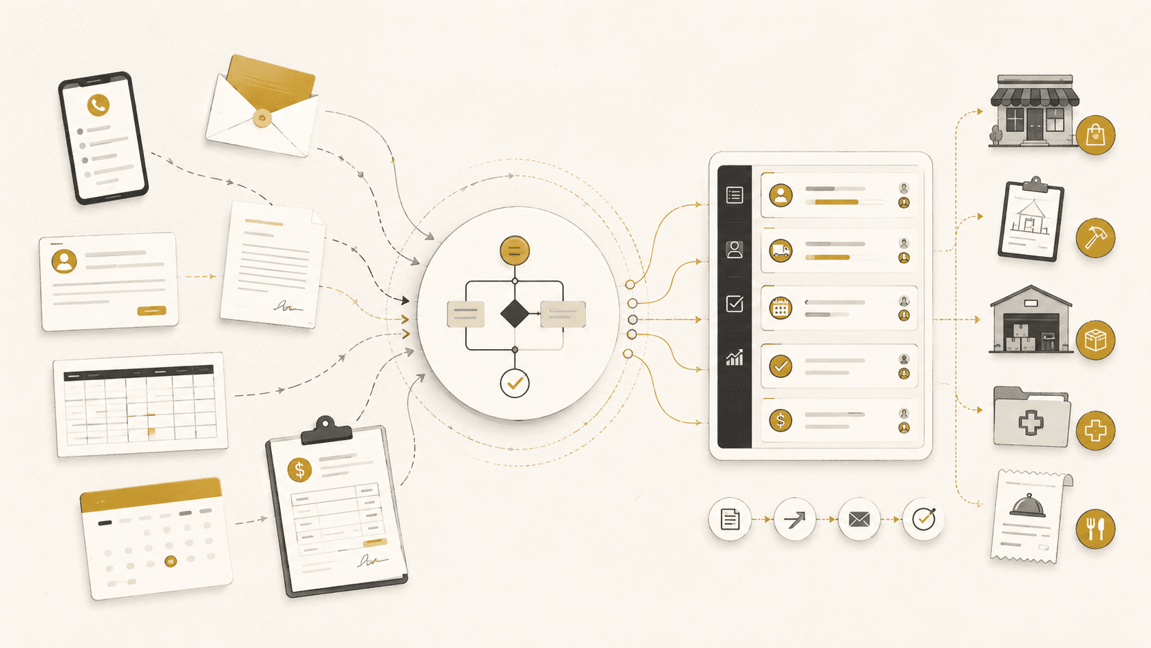 Illustration showing calls, emails, forms, documents, spreadsheets, and appointments flowing into one organized automated business workflow for local companies.