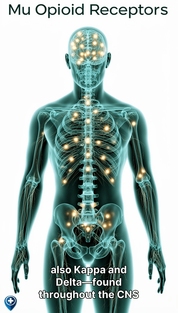 AI-generated teaching graphic titled "Mu Opioid Receptors," showing an X-ray-style human body with glowing points highlighted along the central nervous system and a caption noting that Kappa and Delta receptors are also found throughout the CNS
