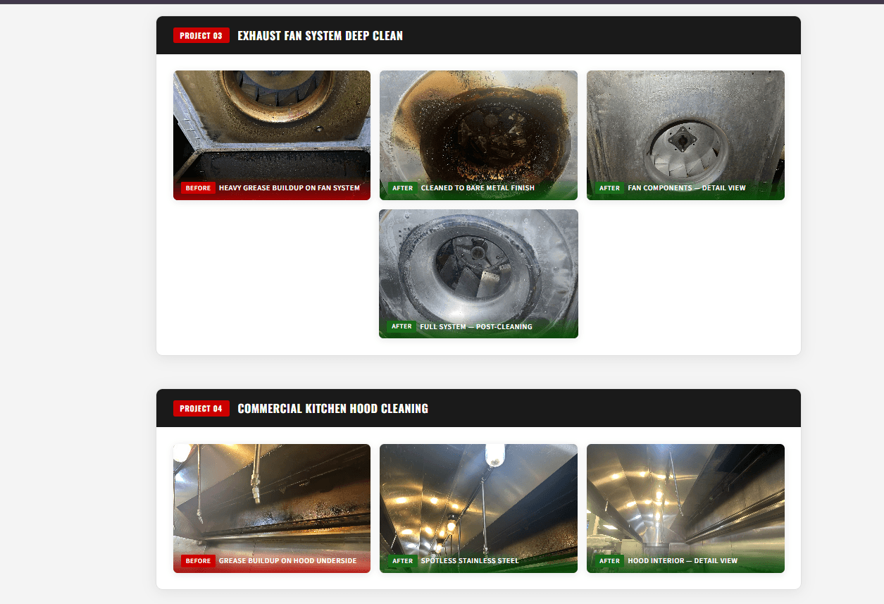 CKE Hood Cleaning before-and-after work showcase with two labeled projects. Project 03, Exhaust Fan System Deep Clean — a grease-caked fan system, then after shots cleaned to bare metal, a fan-components detail, and the full system post-cleaning. Project 04, Commercial Kitchen Hood Cleaning — a grease-covered hood underside, then spotless stainless steel and a clean hood-interior detail. Each photo carries a red "Before" or green "After" tag.