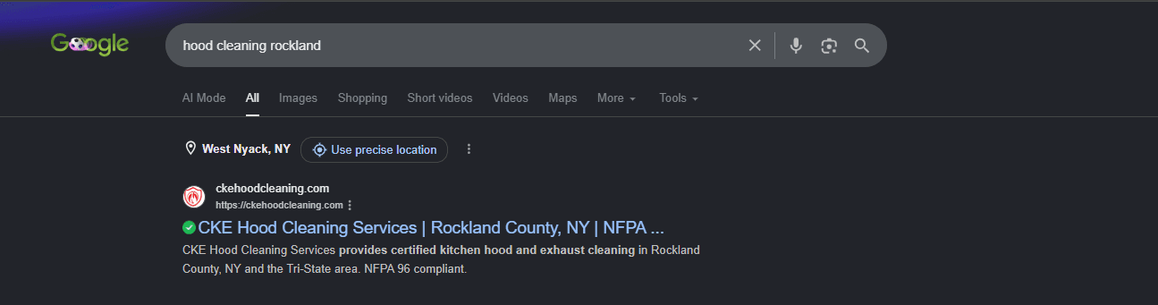 Google search results for "hood cleaning rockland" with the location set to West Nyack, NY, showing ckehoodcleaning.com as a top result — titled "CKE Hood Cleaning Services | Rockland County, NY | NFPA…" with a description noting certified kitchen hood and exhaust cleaning in Rockland County and the Tri-State area, NFPA 96 compliant.