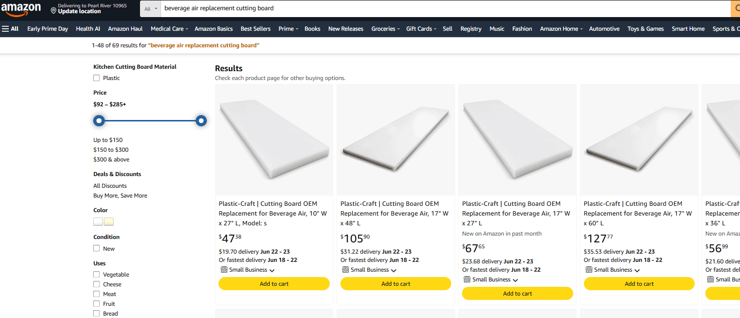 Plastic-Craft Products — Marketplace Expansion case study. Amazon search results for "beverage air replacement cutting board," showing a row of Plastic-Craft OEM replacement cutting board listings for Beverage Air units in several sizes, each with its own price, a "Small Business" badge, and an Add to cart button.