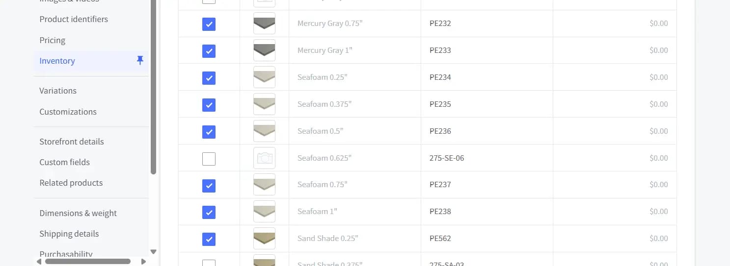 Personal Site's bulk inventory view listing cutting-board variations by color and thickness (Mercury Gray, Seafoam, Sand Shade from 0.25" to 1"), each row with a checkbox, thumbnail, SKU (PE232–PE238, PE562), and price — a few rows unchecked with missing thumbnails.