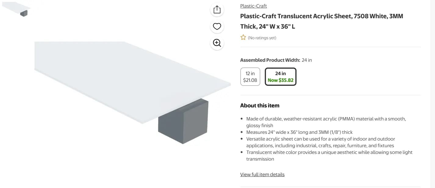 Walmart Marketplace product detail page for a Plastic-Craft translucent white acrylic sheet (3MM thick, 24" W × 36" L), with selectable size tiles (12 in at $21.08, 24 in at $35.82), an "About this item" spec list, and product images.