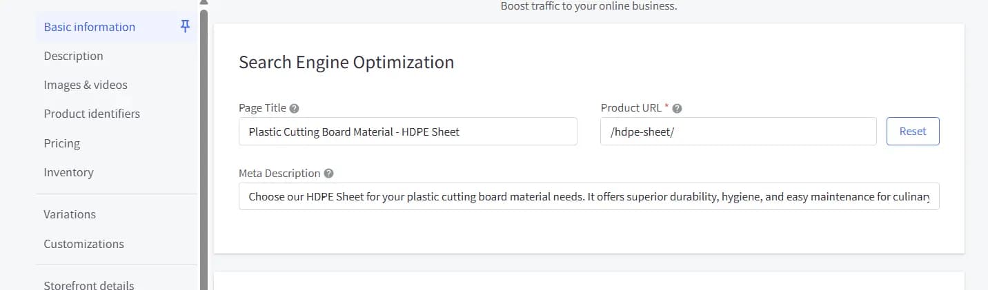 A product editor's Search Engine Optimization panel with fields for Page Title ("Plastic Cutting Board Material - HDPE Sheet"), Product URL (/hdpe-sheet/), and a meta description about HDPE sheet durability and hygiene, beside a left-hand nav of product sections.