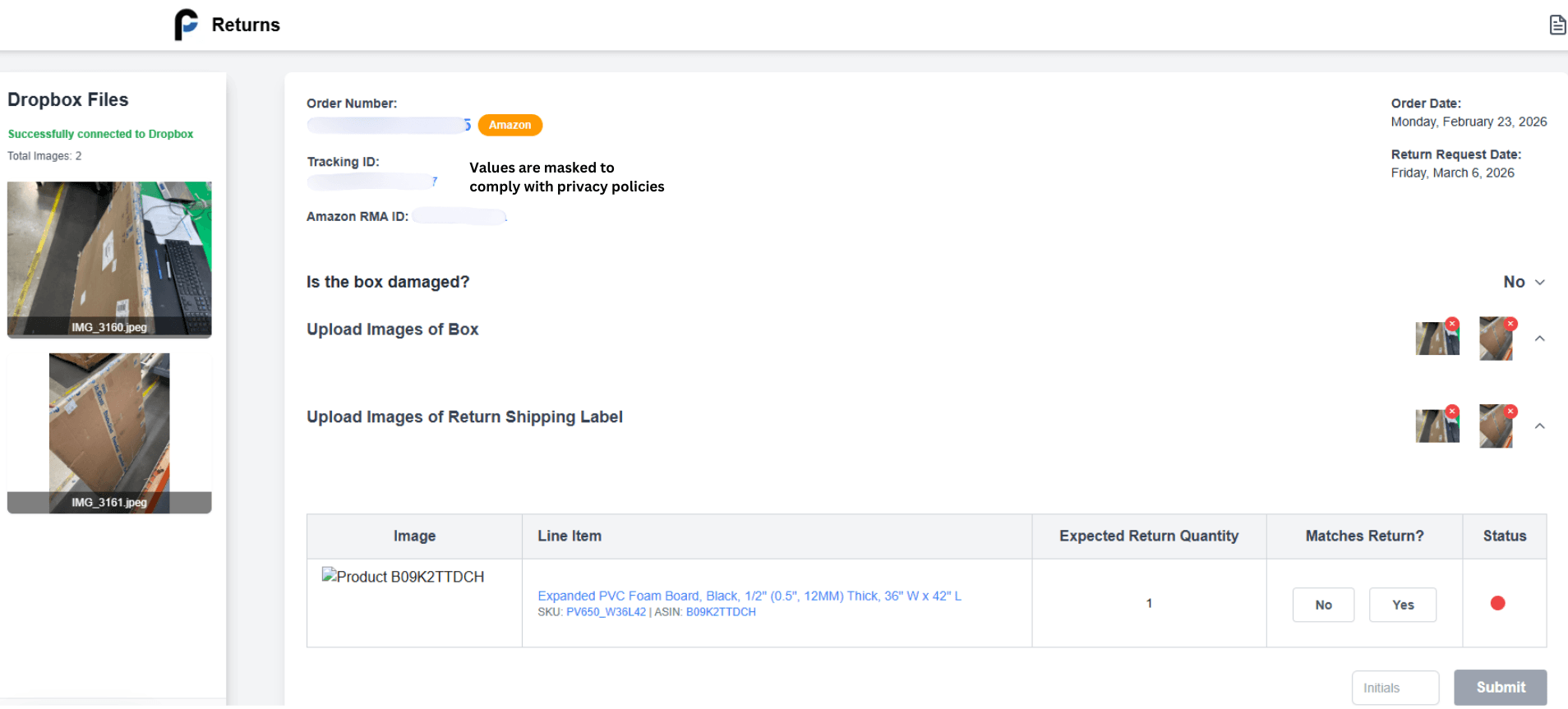 Returns app verification step with a line-item table — product image, item description with SKU and ASIN, expected return quantity, a "Matches Return?" Yes/No control, and a status indicator — plus an initials field and Submit button.