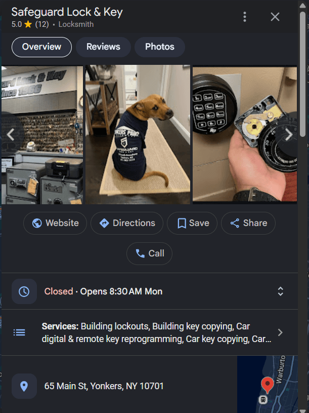 Google Business Profile for Safeguard Lock & Key showing a 5.0 rating from 12 reviews, photos of the shop's key wall, a dog in a branded shirt, and a safe lock mechanism, plus Website, Directions, and Call buttons, hours, services, and the Yonkers address.