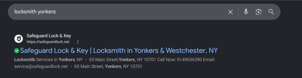 Google search results for "locksmith yonkers" showing safeguardlock.net as a top result, titled "Safeguard Lock & Key | Locksmith in Yonkers & Westchester, NY," with the address, phone, and email in the description.