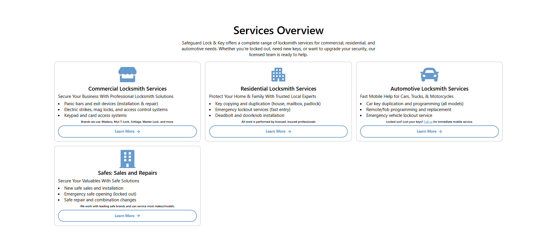 Safeguard Lock & Key "Services Overview" section with four cards — Commercial, Residential, and Automotive locksmith services plus Safes sales and repairs — each listing specific services and a Learn More button.