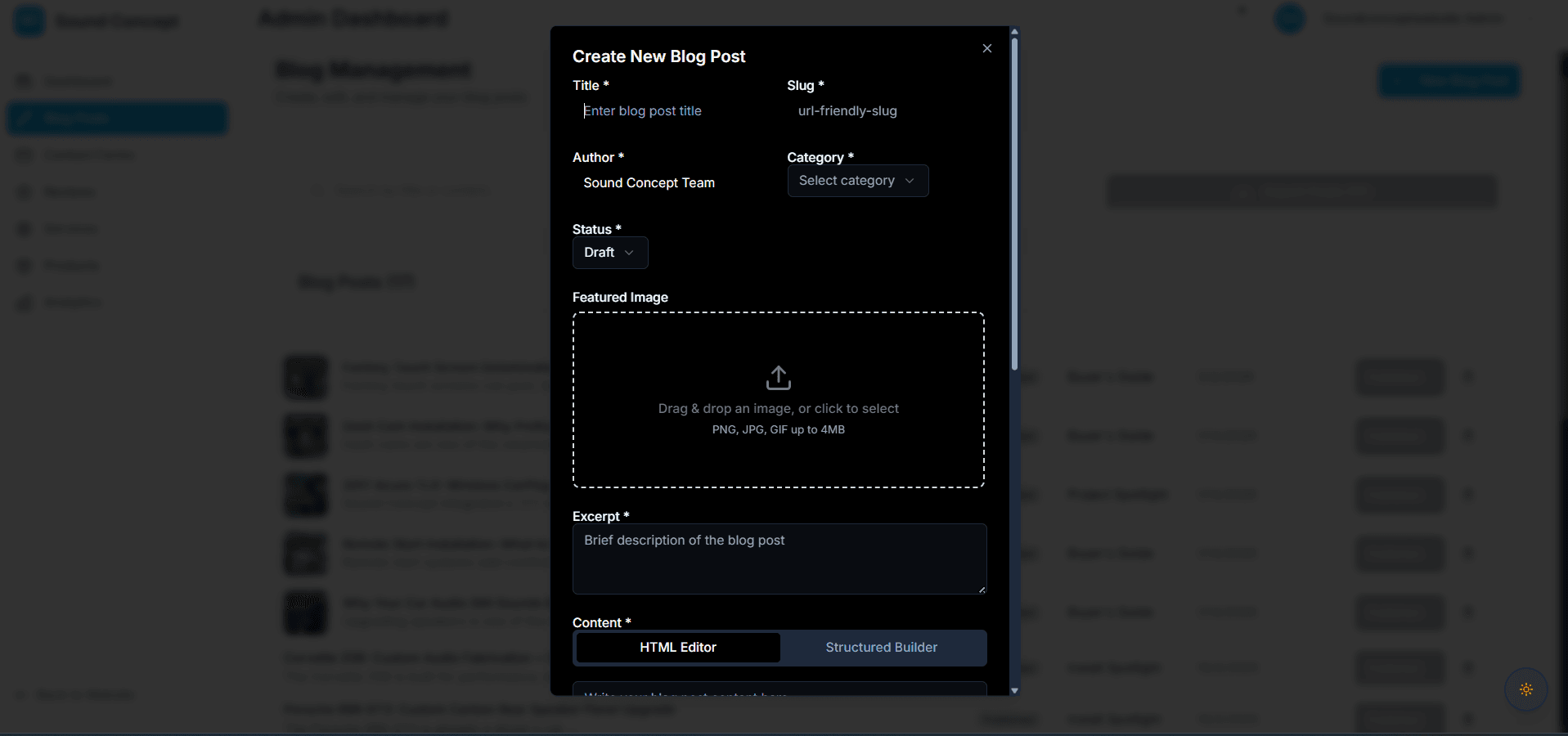 Sound Concept admin with a "Create New Blog Post" modal open — fields for title, slug, author, category, and status, a featured-image drag-and-drop zone, an excerpt box, and a content editor toggling between HTML and a structured builder — over a blog management list.