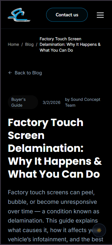 Mobile view of a Sound Concept blog article titled "Factory Touch Screen Delamination: Why It Happens & What You Can Do," tagged as a Buyer's Guide, in the site's dark theme with a back-to-blog link and intro text.