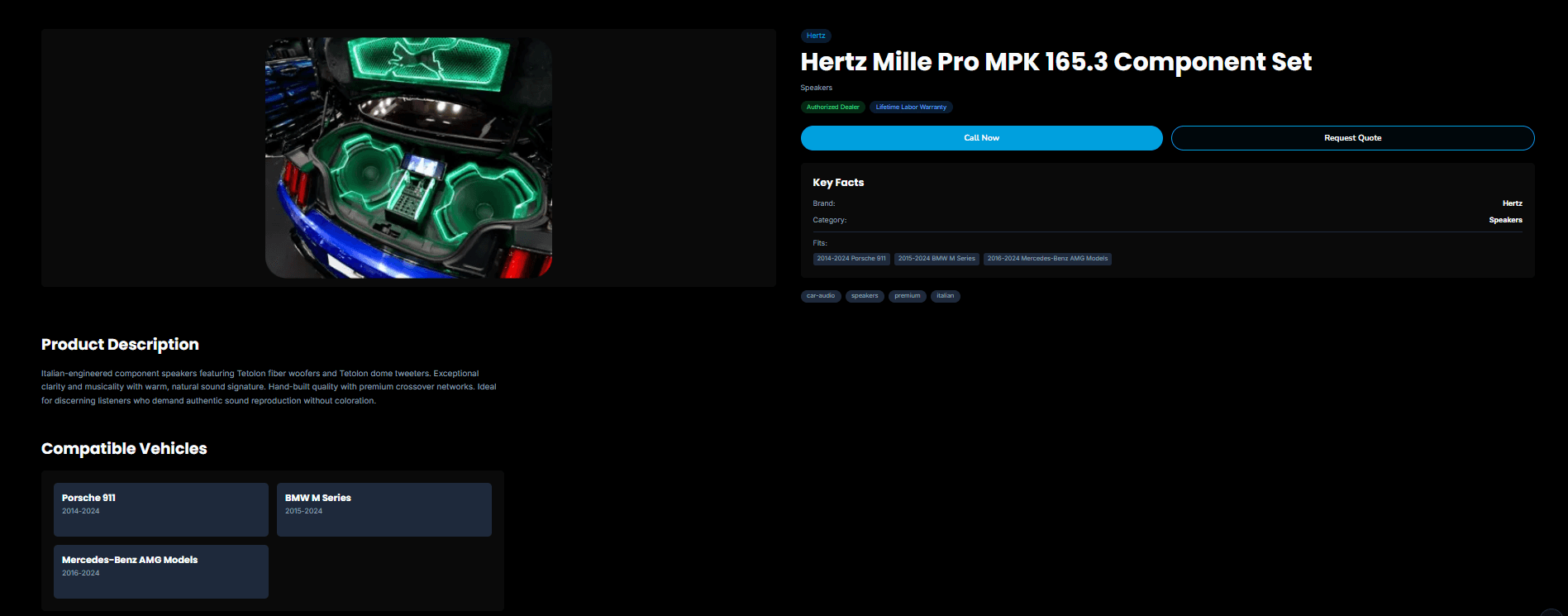Sound Concept product page for the Hertz Mille Pro MPK 165.3 component speaker set, with a photo of an illuminated trunk audio install, Authorized Dealer and Lifetime Labor Warranty badges, Call Now and Request Quote buttons, a Key Facts panel (brand, category, compatible vehicles), and a product description.