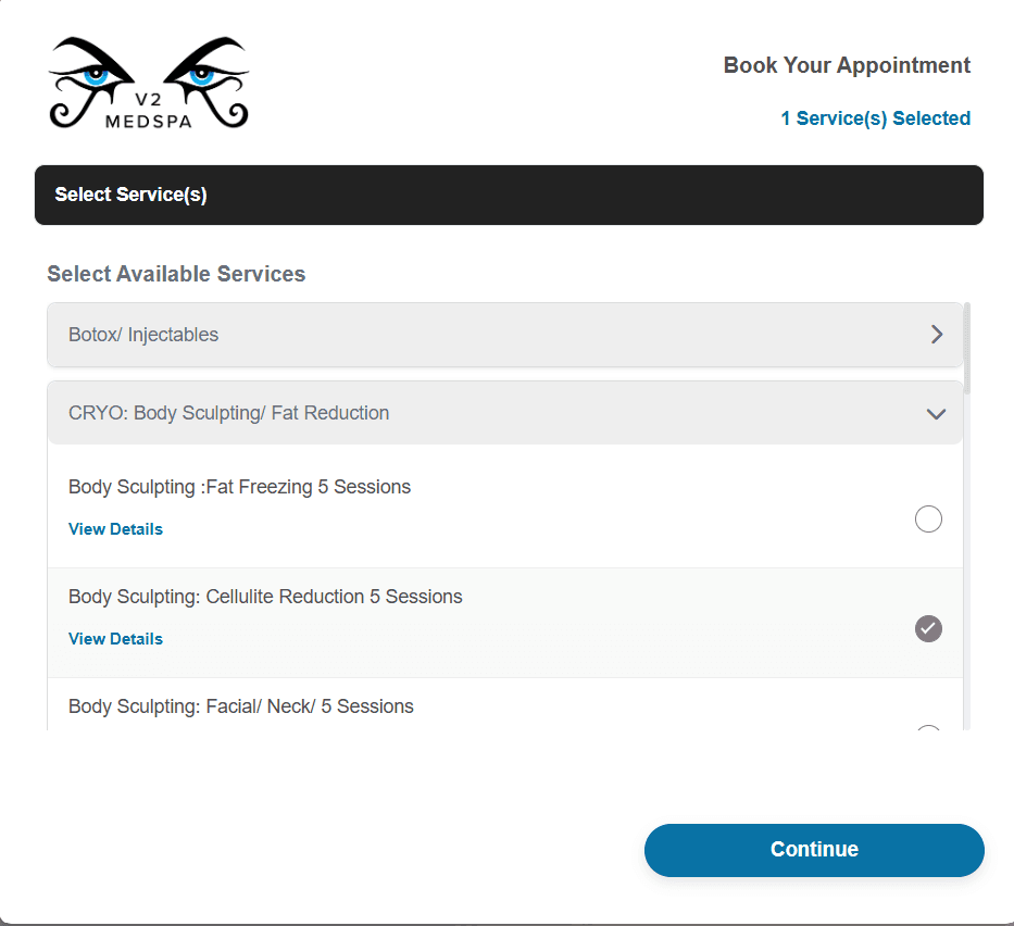 V2 MedSpa "Book Your Appointment" screen with the V2 MedSpa logo and a "Select Service(s)" step listing service categories — Botox/Injectables and CRYO body sculpting / fat reduction — with expandable session-based options, one (Cellulite Reduction, 5 sessions) selected, and a Continue button.