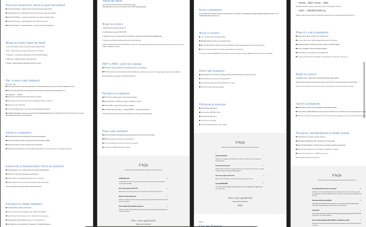 A grid of V2 MedSpa treatment pages shown side by side, each following the same content structure — sections like popular treatment paths, what to expect step by step, pre- and post-care, safety and candidacy, packages, and a shared FAQ block.