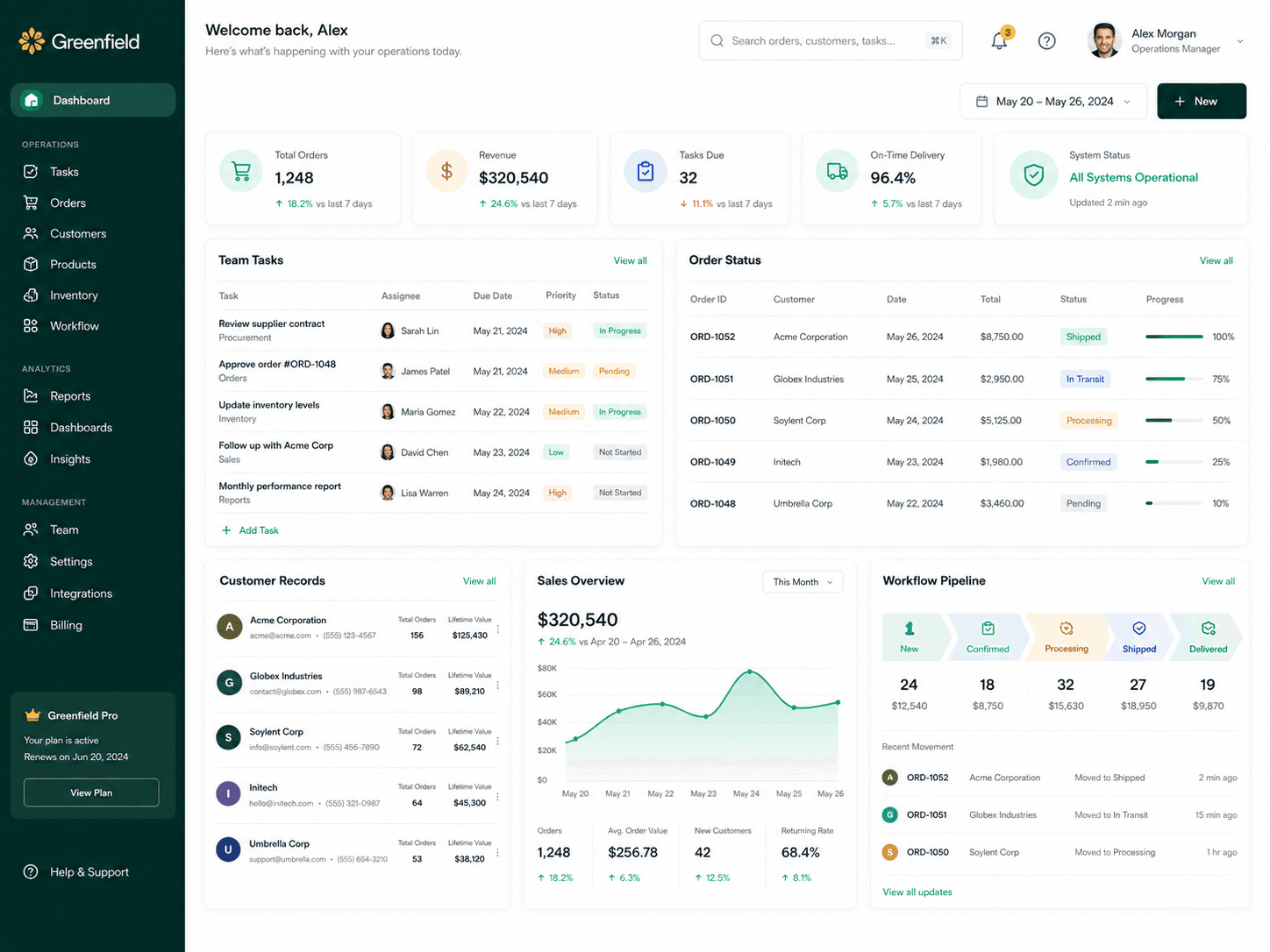 A custom web app dashboard showing team tasks, order statuses, customer records, reports, and workflow stages.
