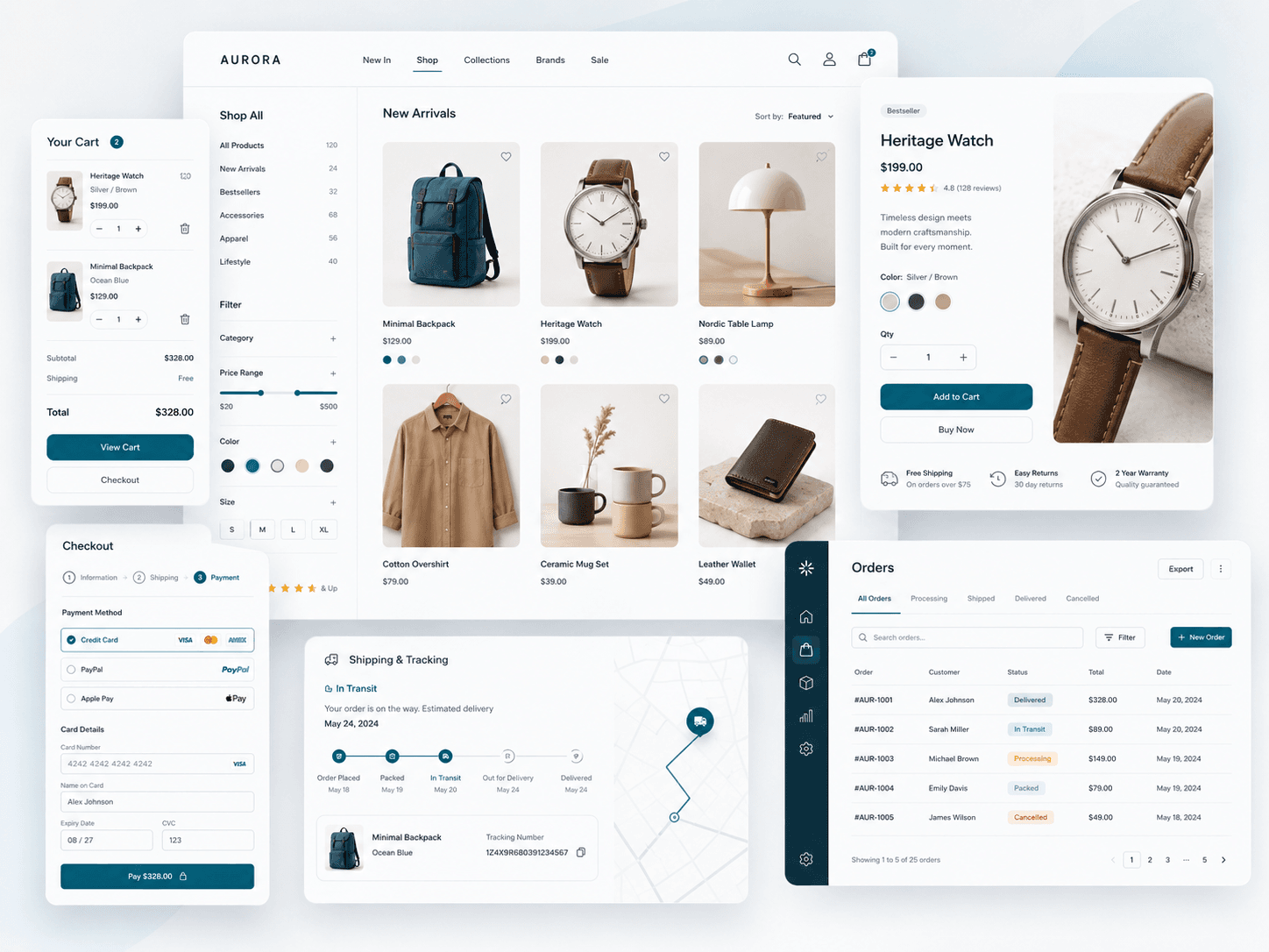 An e-commerce website interface showing product pages, a shopping cart, checkout, shipping, and order management.