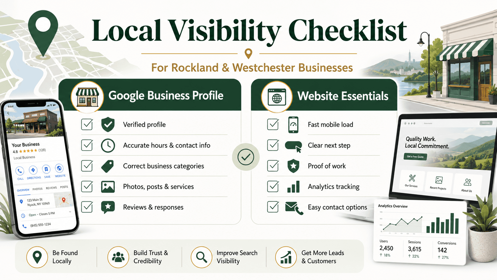Local visibility checklist for Rockland and Westchester businesses covering Google Business Profile items and website items like fast mobile load, a clear next step, proof of work, and analytics.