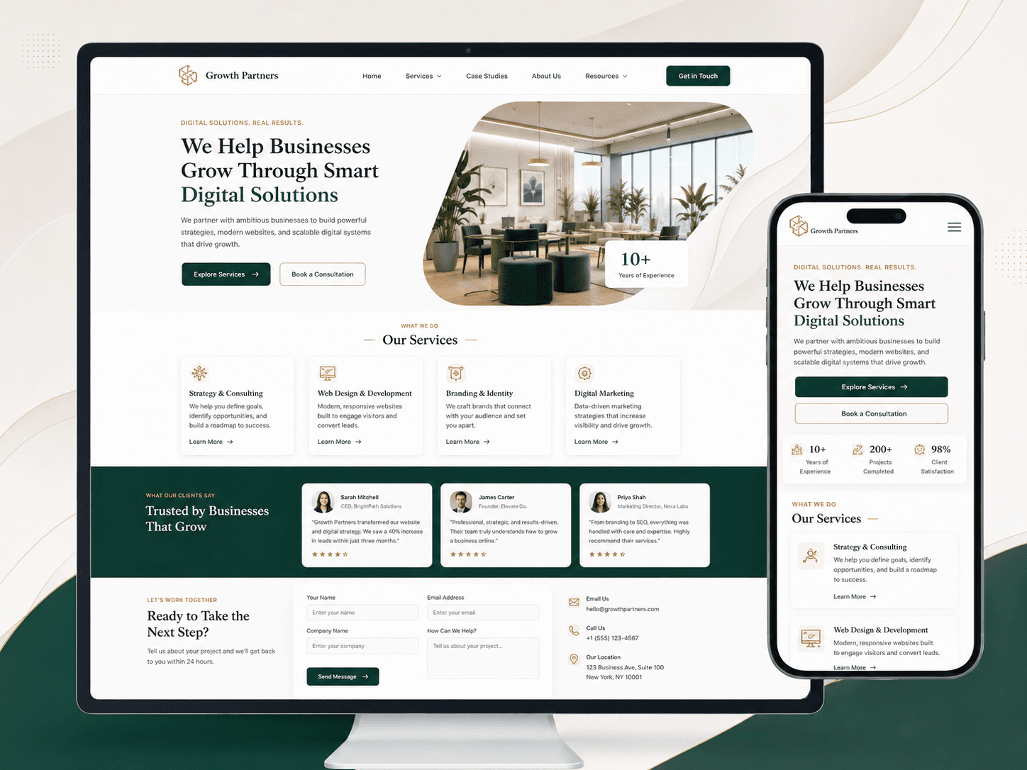 A clean business website displayed on desktop and mobile screens with service pages, reviews, and a contact form.  Caption:
