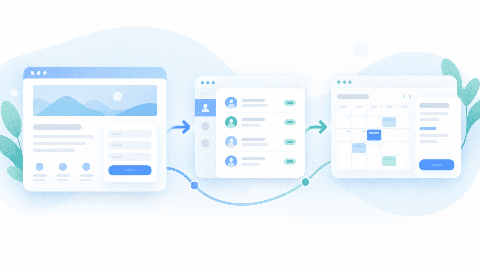 Illustration showing a website form connected to a CRM contact management system and an appointment booking calendar through automated workflows.