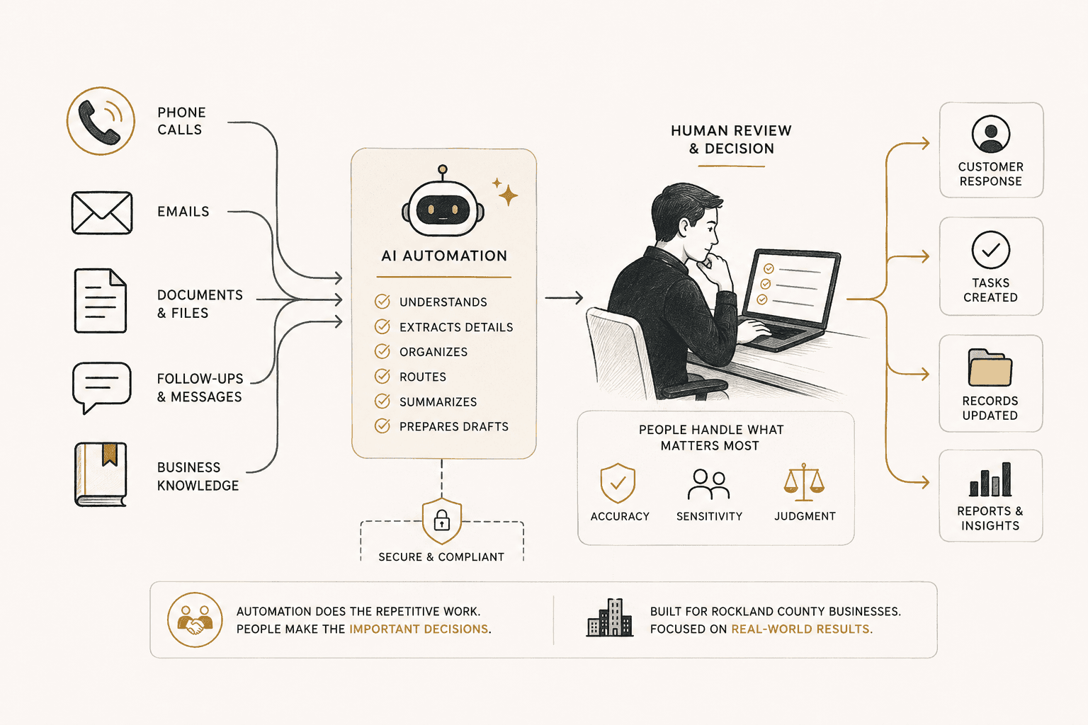 Illustration of AI handling documents, phone calls, follow-ups, and business knowledge while employees review important decisions.
