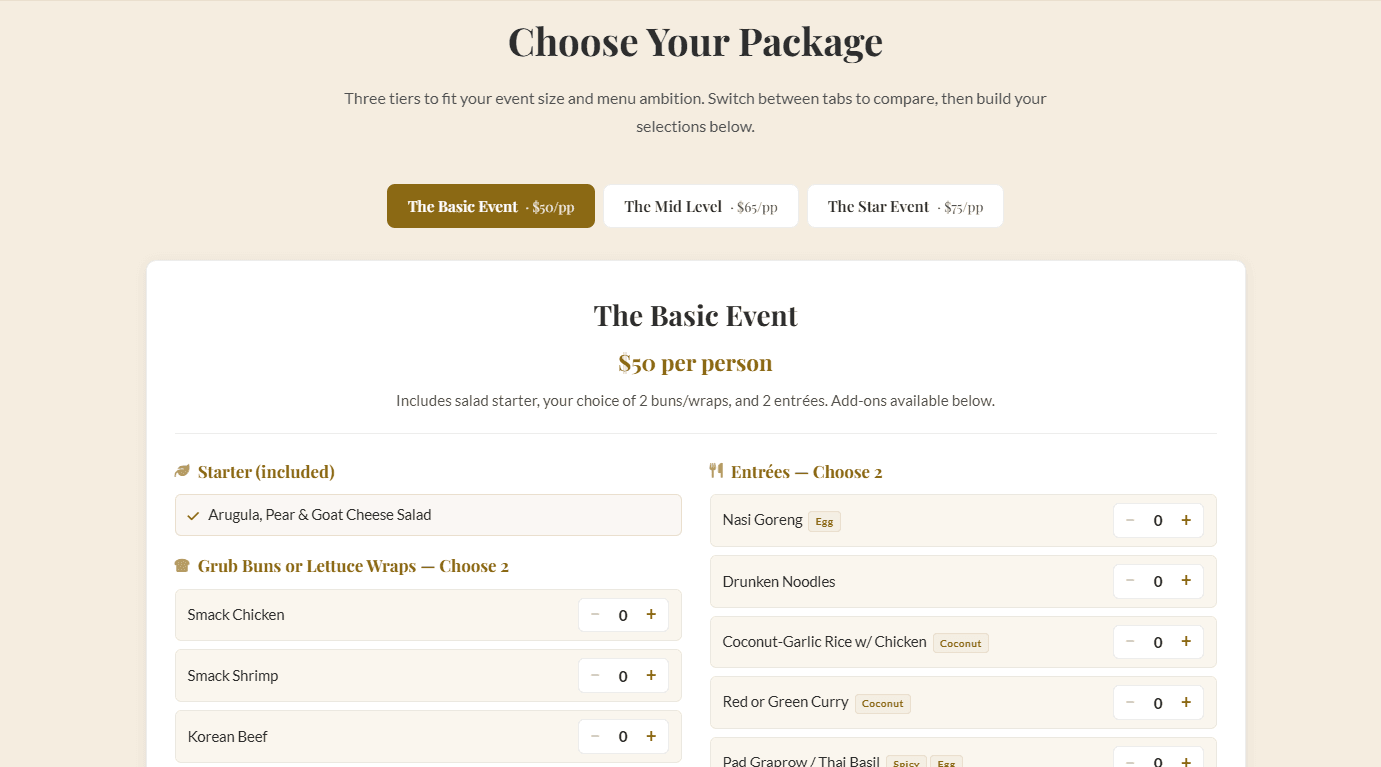 Rockland Grub private event package builder with per-person pricing and customizable food selections