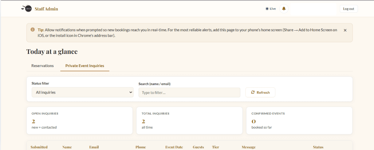 Rockland Grub staff dashboard showing private event inquiries, inquiry status, guest information, and live notifications