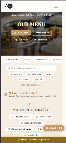 Rockland Grub mobile menu with dish search, dietary filters, menu categories, and a customer order list