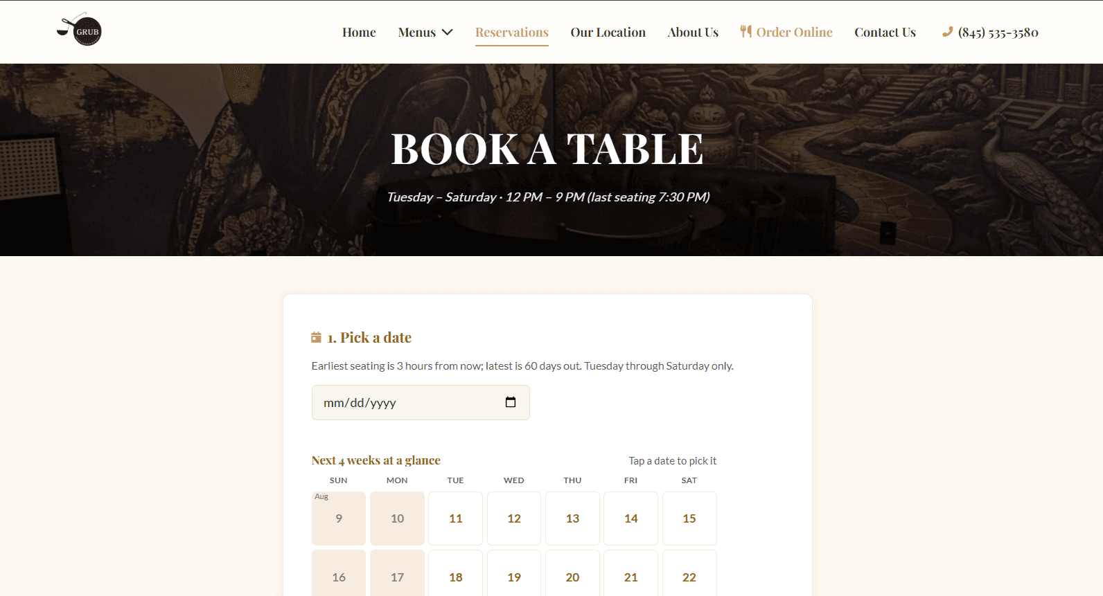 Rockland Grub online reservation page with date selection and available booking dates