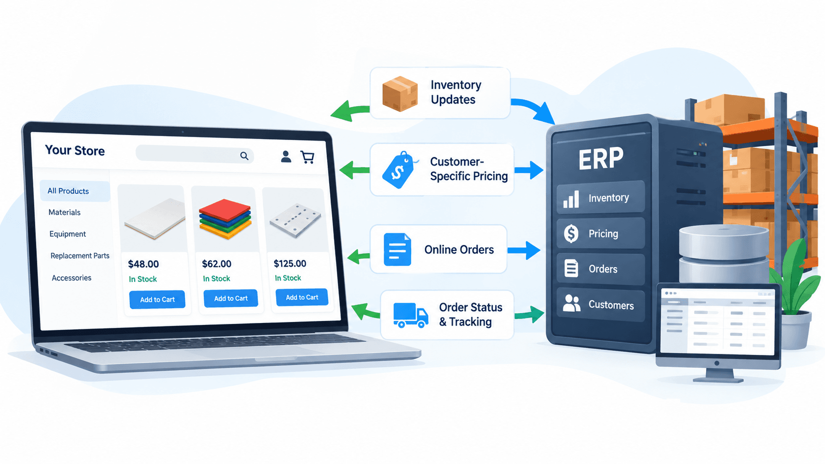 Illustration of a distributor's online store connected to an ERP system, synchronizing inventory, customer-specific pricing, and orders.