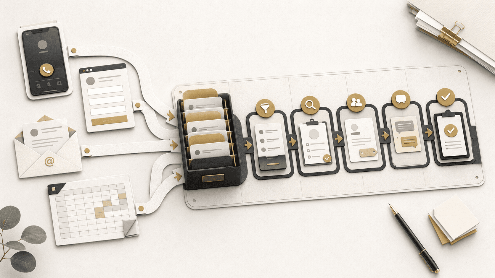 Diagram showing calls, forms, emails, and spreadsheets flowing into one connected automated business workflow.