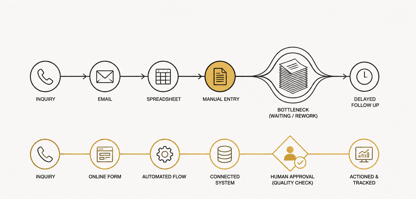 Diagram comparing a manual, spreadsheet-based intake process that bottlenecks and delays follow-up with an automated, connected workflow that includes a human approval step and ends with tracked action.