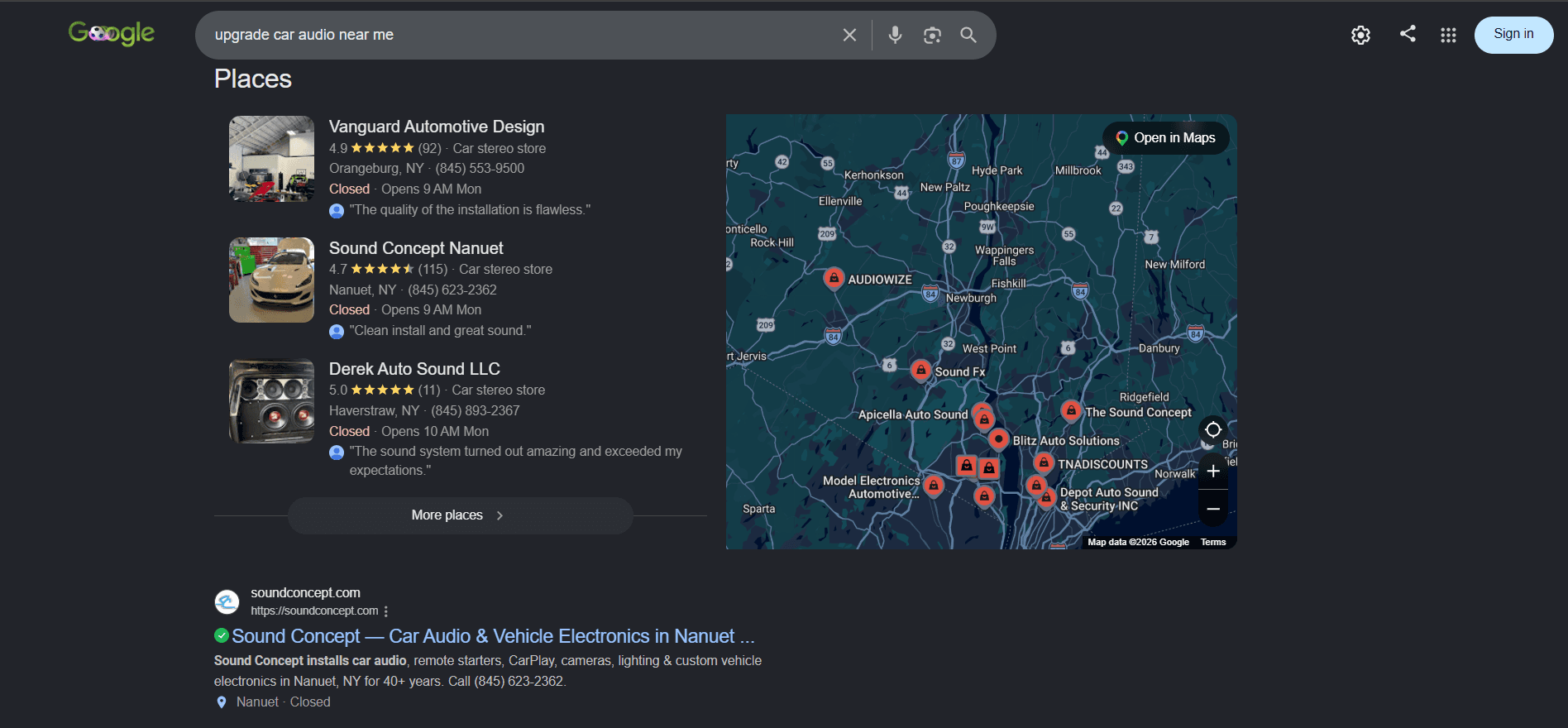 Google search results for "upgrade car audio near me" showing a local Places pack — Vanguard Automotive Design, Sound Concept Nanuet (4.7 stars, 115 reviews), and Derek Auto Sound — beside a regional map of car-audio shops, with the organic result for soundconcept.com titled "Sound Concept — Car Audio & Vehicle Electronics in Nanuet" below.