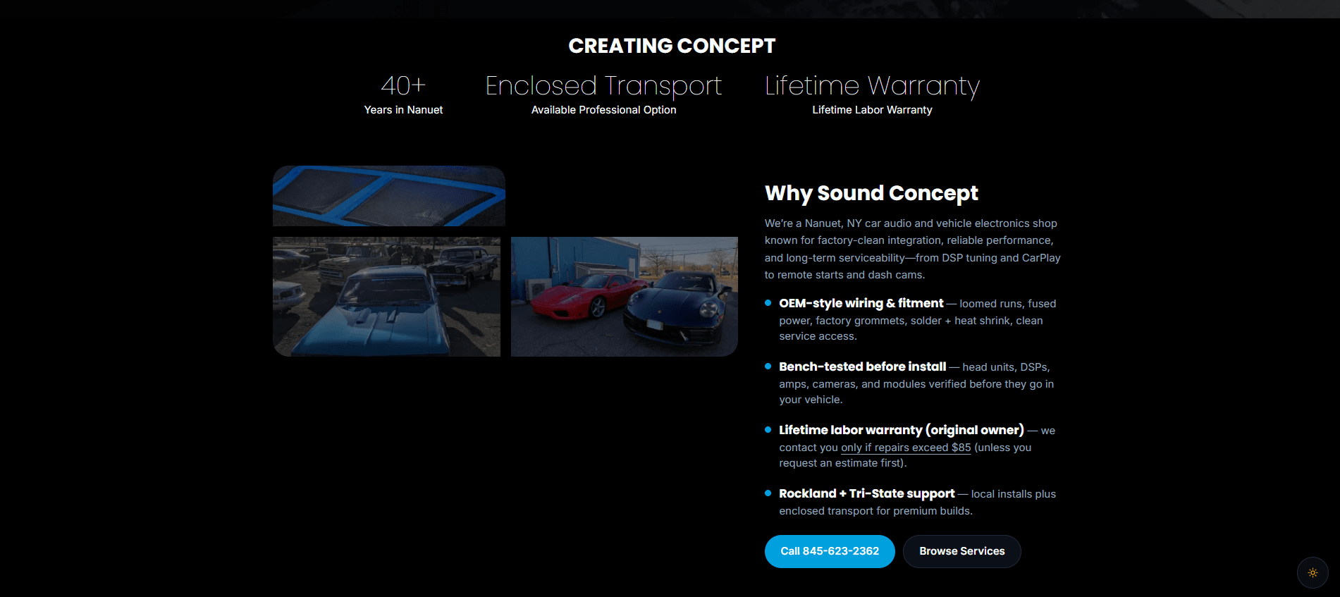 Sound Concept Nanuet case study.Sound Concept "Creating Concept" section with stats (40+ years in Nanuet, enclosed transport, lifetime warranty), photos of classic and exotic cars, a "Why Sound Concept" list covering OEM-style wiring, bench-testing, lifetime labor warranty, and tri-state support, and a Call button.